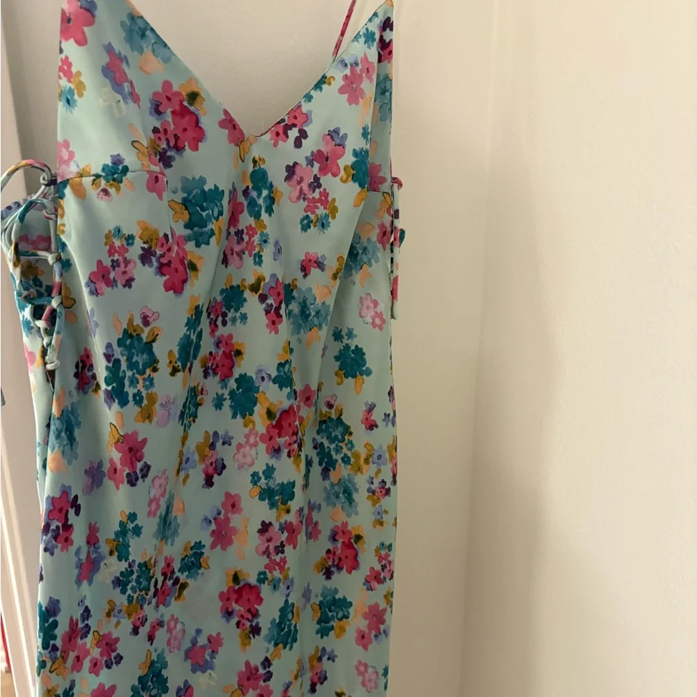Zara Floral Printed Midi/Maxi Slip Side Tie Tank Dress Light Blue Pink Size S - Picture 11 of 12